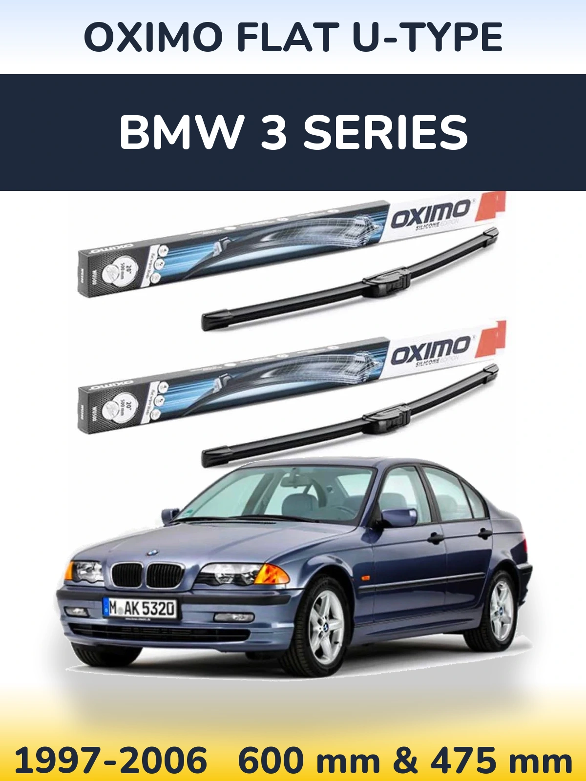 Sada předních stěračů Oximo Flat U-type 600 a 475 mm pro BMW 3 Series 1997-2006