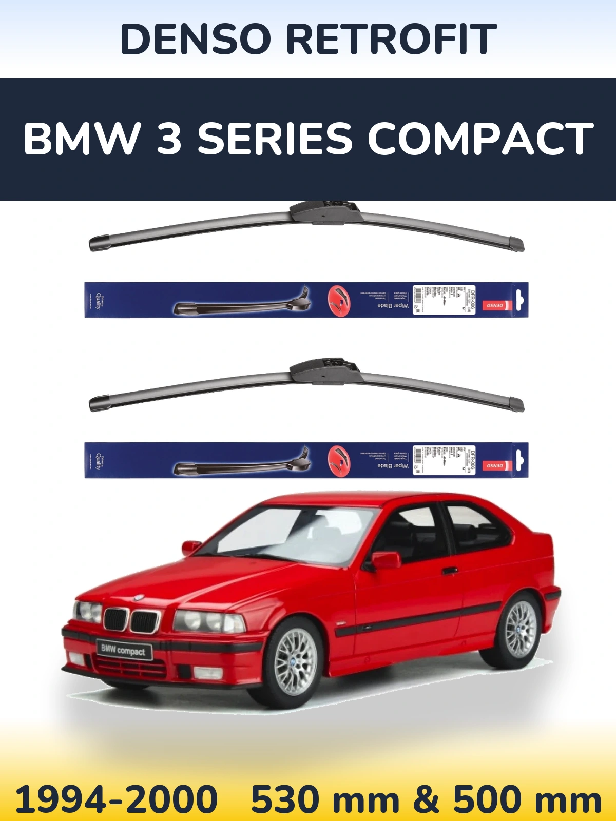 Sada předních stěračů Denso Retrofit 530 a 500 mm pro BMW 3 Series Compact 1994-2000