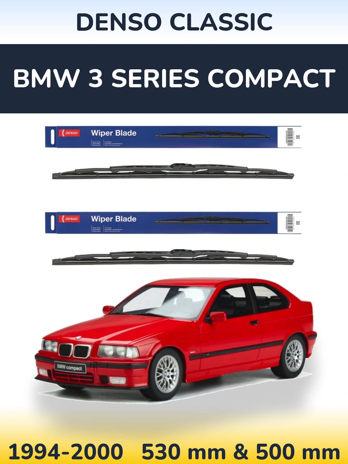 Sada předních stěračů Denso Classic 530 a 500 mm pro BMW 3 Series Compact 1994-2000