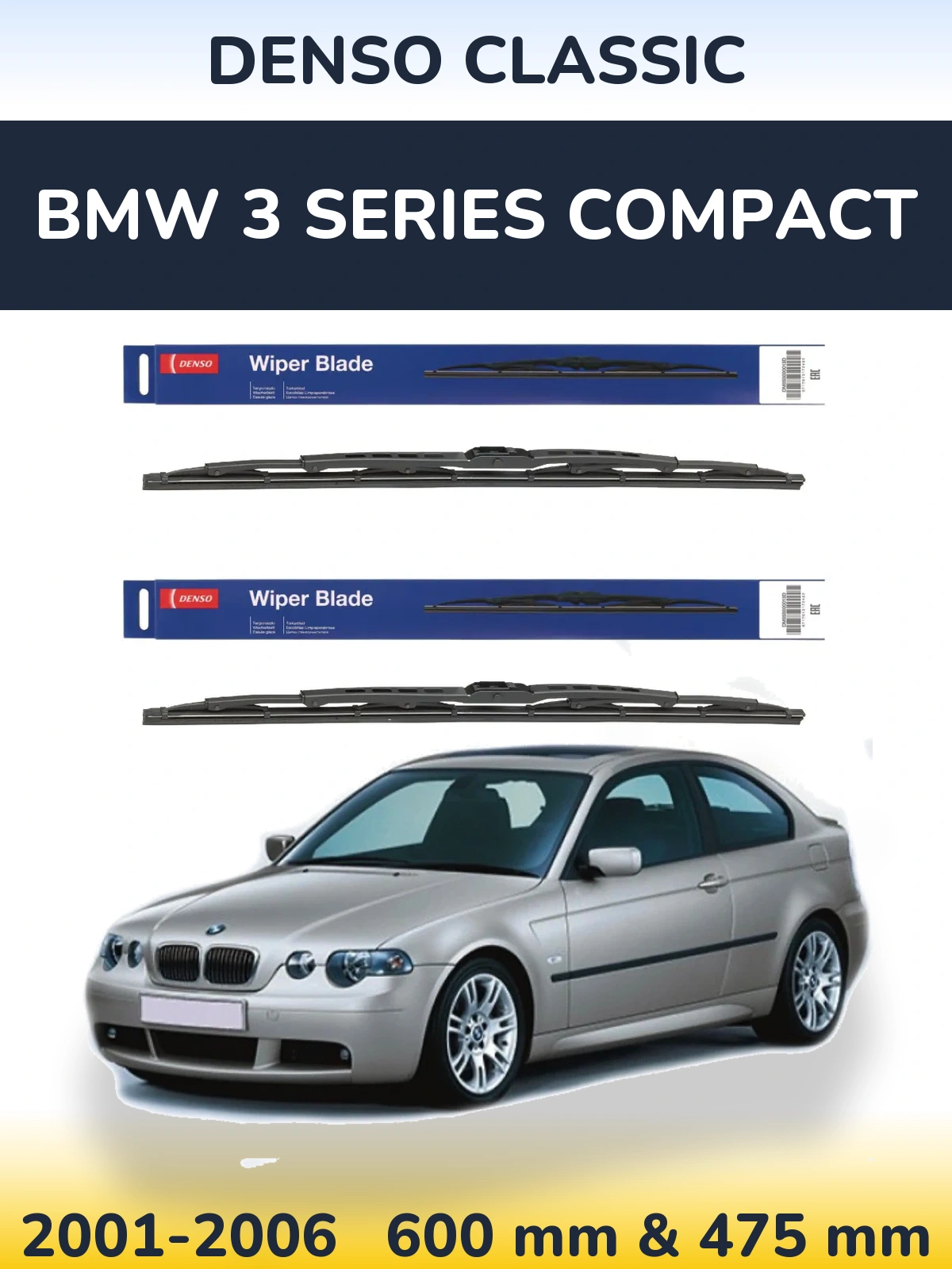 Sada předních stěračů Denso Classic 600 a 475 mm pro BMW 3 Series Compact 2001-2006