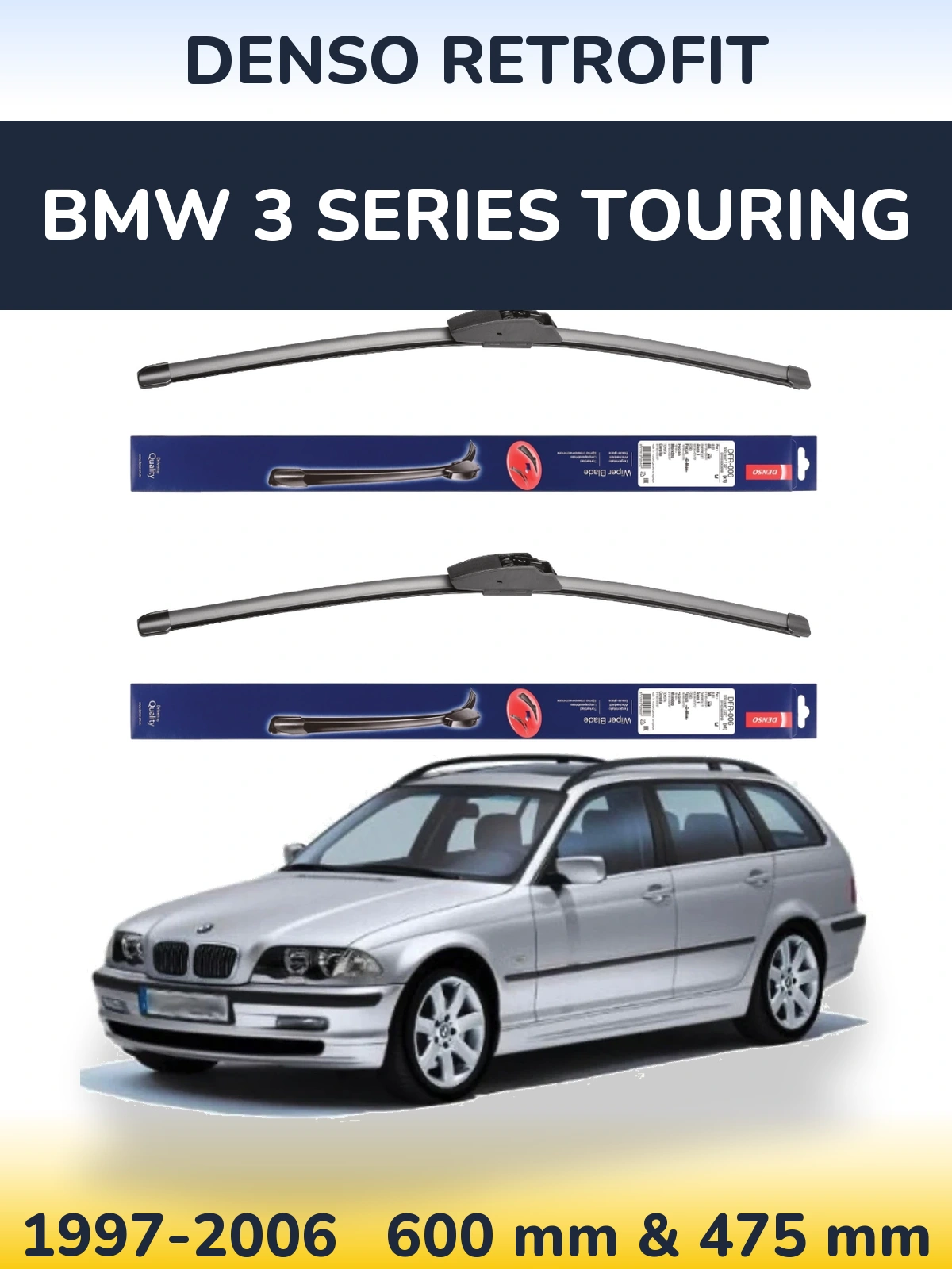 Sada předních stěračů Denso Retrofit 600 a 475 mm pro BMW 3 Series Touring 1997-2006