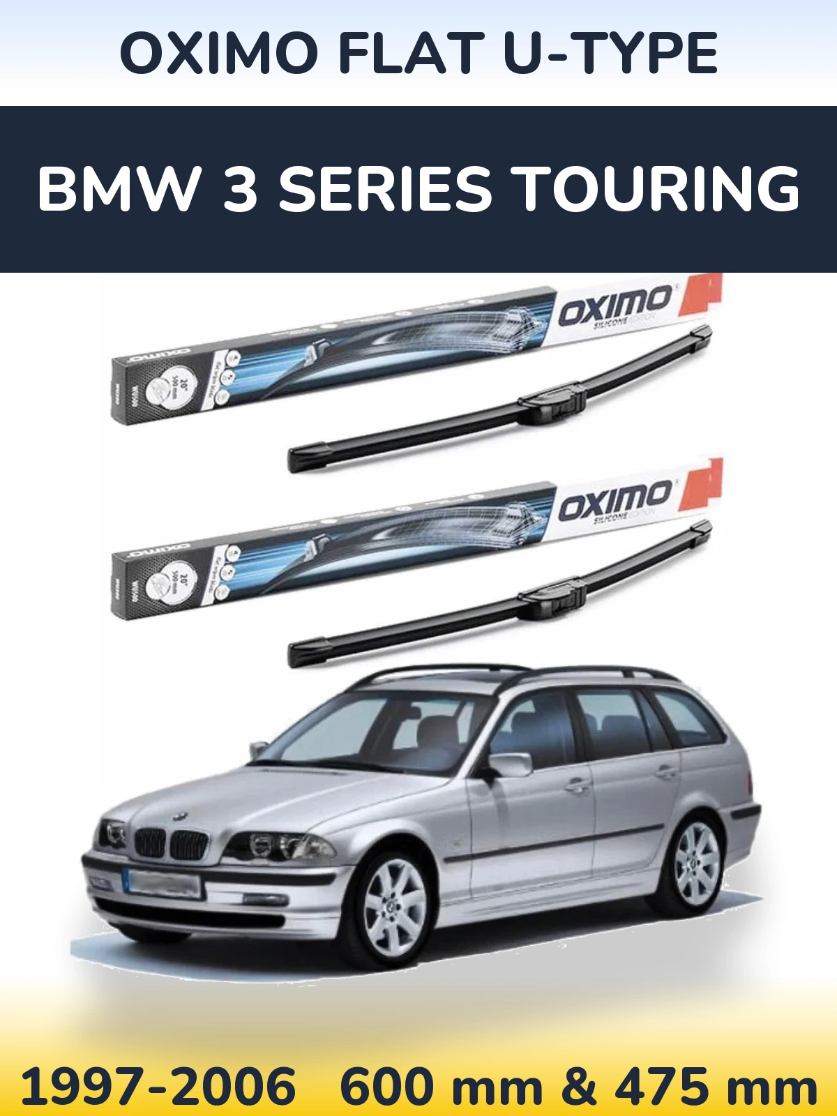 Sada předních stěračů Oximo Flat U-type 600 a 475 mm pro BMW 3 Series Touring 1997-2006