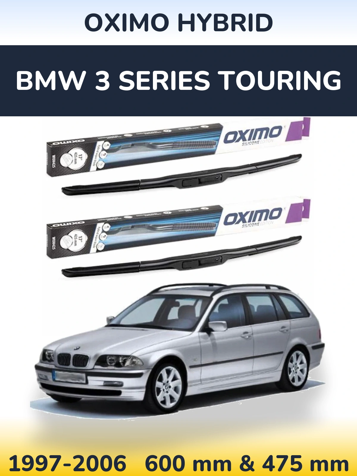 Sada předních stěračů Oximo Hybrid 600 a 475 mm pro BMW 3 Series Touring 1997-2006