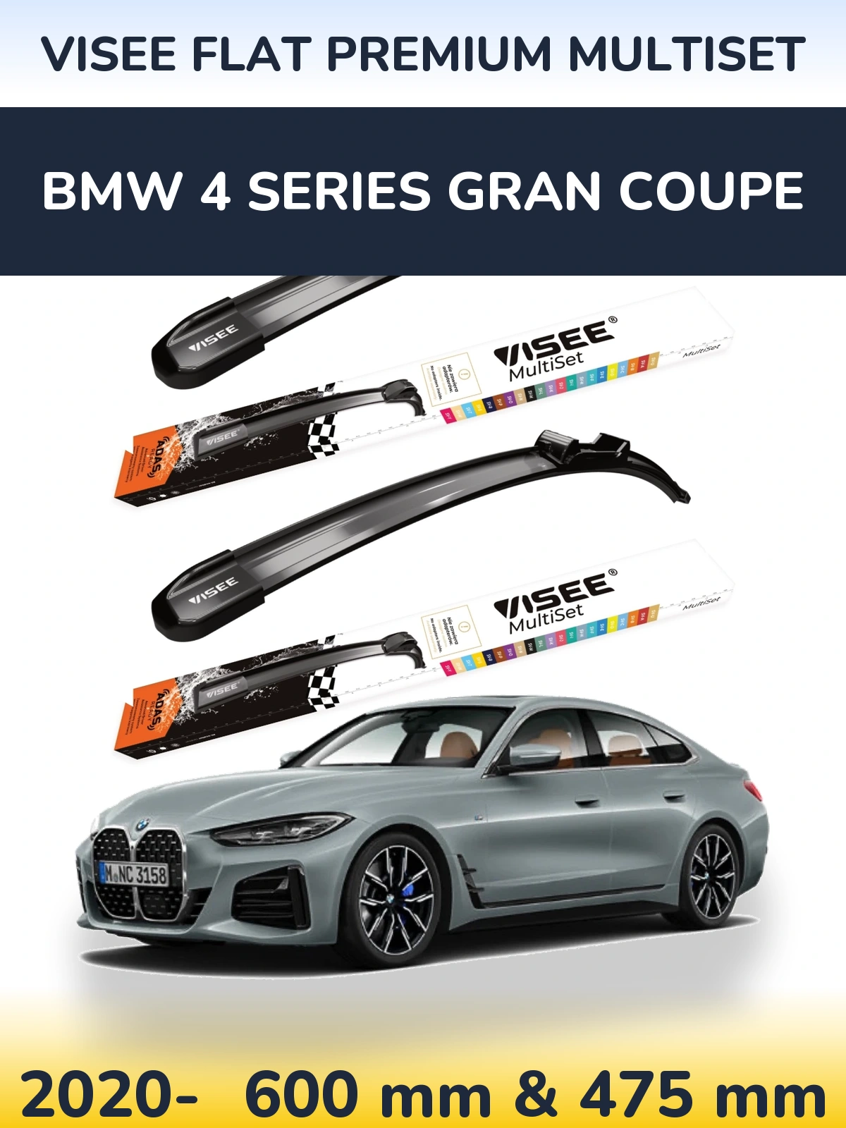Sada předních stěračů VISEE FLAT PREMIUM MultiSet 600 a 475 mm pro BMW 4 Series Gran Coupe 2020-2026