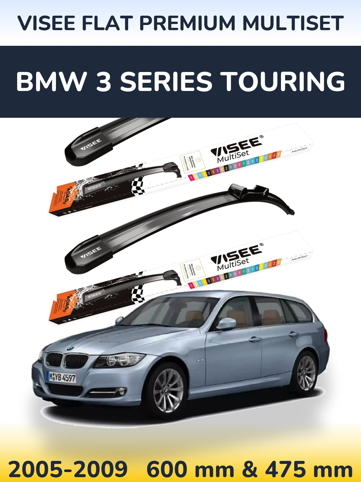 Sada předních stěračů VISEE FLAT PREMIUM MultiSet 600 a 475 mm pro BMW 3 Series Touring 2005-2009