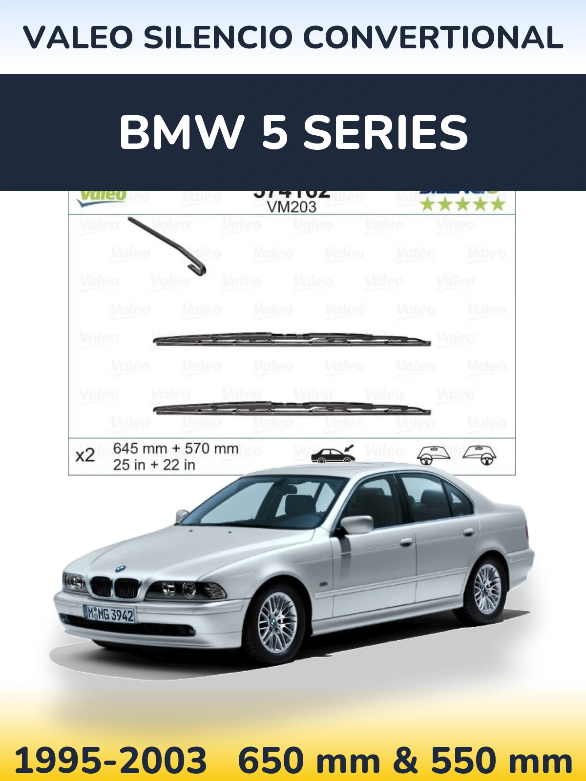 Sada předních stěračů Valeo Silencio Convertional 645 a 570 mm pro BMW 5 Series 1995-2003