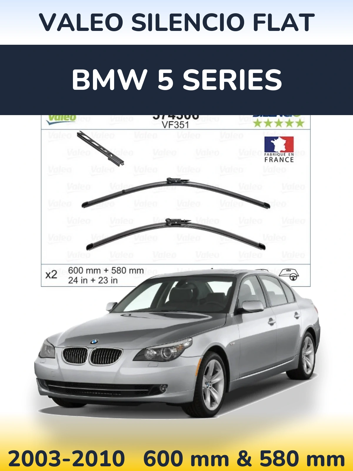Sada předních stěračů Valeo Silencio Flat 600 a 580 mm pro BMW 5 Series 2003-2010