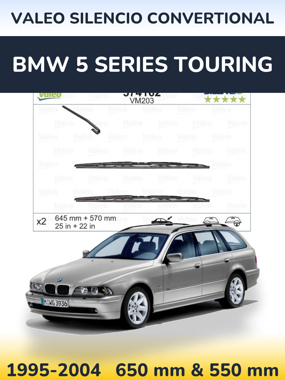 Sada předních stěračů Valeo Silencio Convertional 645 a 570 mm pro BMW 5 Series Touring 1995-2004