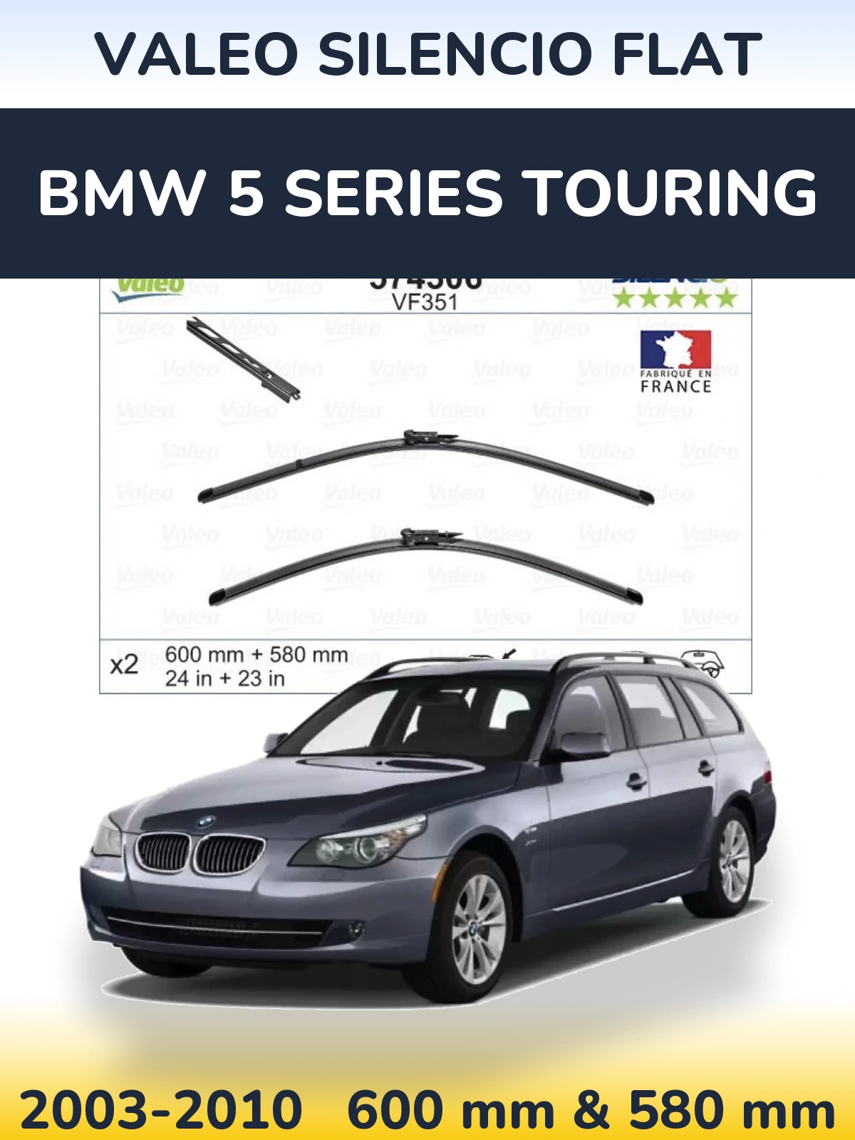Sada předních stěračů Valeo Silencio Flat 600 a 580 mm pro BMW 5 Series Touring 2003-2010