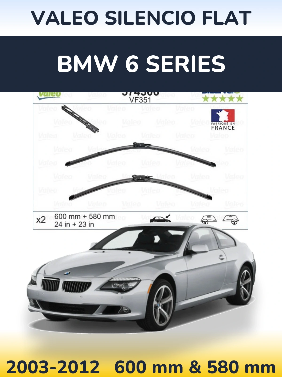 Sada předních stěračů Valeo Silencio Flat 600 a 580 mm pro BMW 6 Series 2003-2012