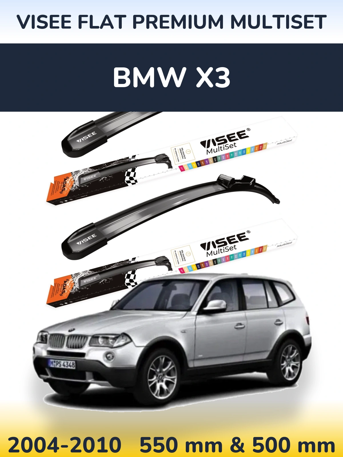 Sada předních stěračů VISEE FLAT PREMIUM MultiSet 550 a 500 mm pro BMW X3 2004-2010