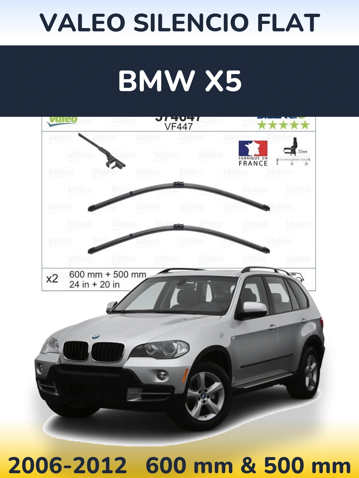 Sada předních stěračů Valeo Silencio Flat 600 a 500 mm pro BMW X5 2006-2012