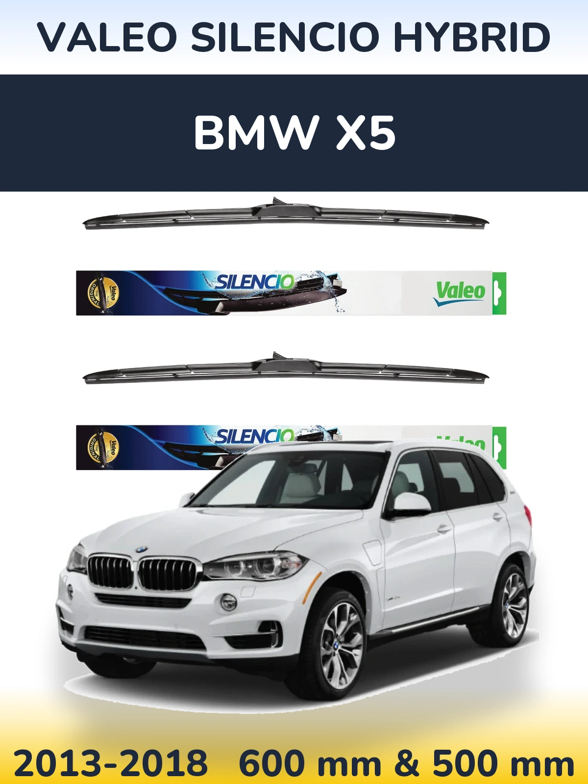 Sada předních stěračů Valeo Silencio Hybrid 600 a 500 mm pro BMW X5 2013-2018