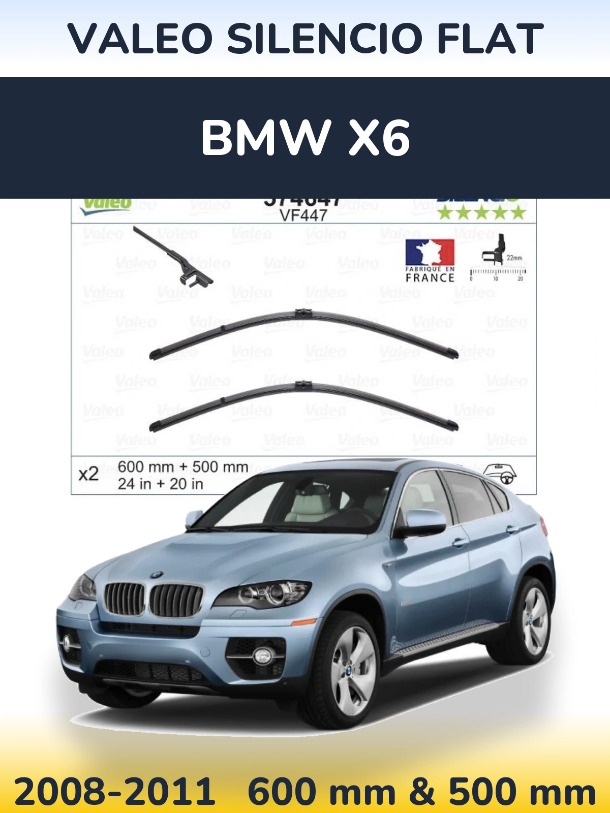 Sada předních stěračů Valeo Silencio Flat 600 a 500 mm pro BMW X6 2008-2011