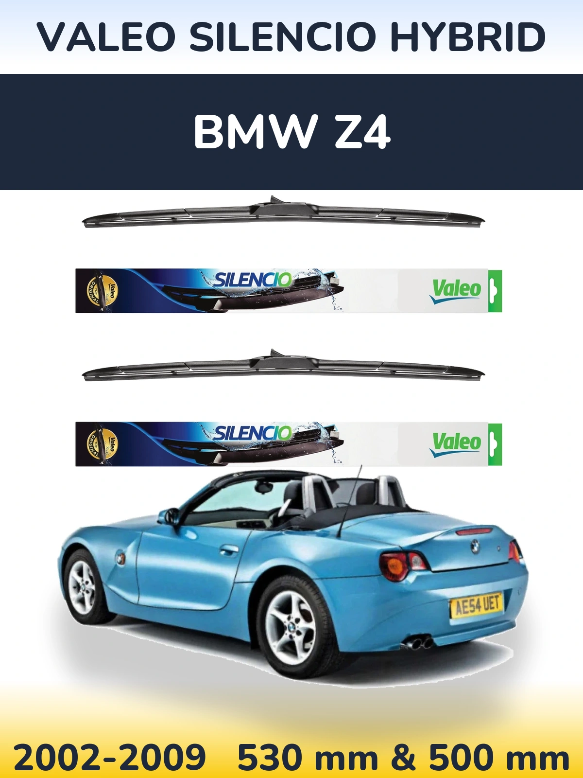 Sada předních stěračů Valeo Silencio Hybrid 530 a 500 mm pro BMW Z4 2002-2009