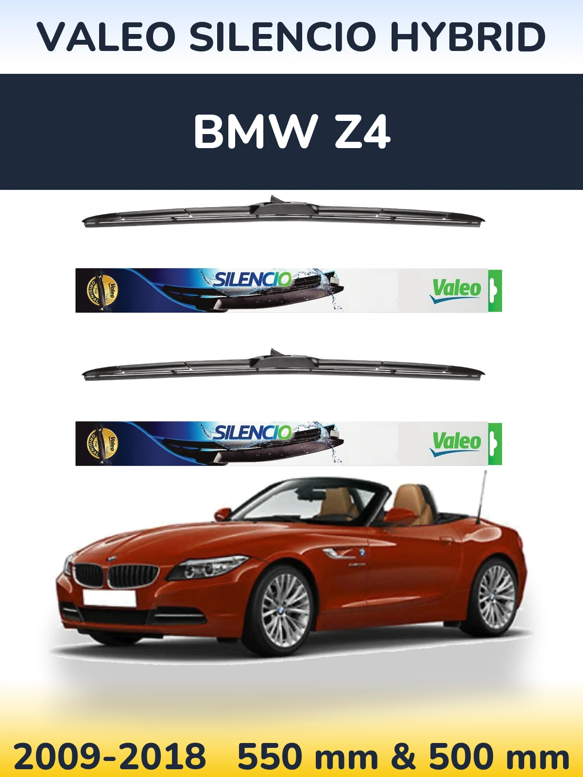 Sada předních stěračů Valeo Silencio Hybrid 550 a 500 mm pro BMW Z4 2009-2018