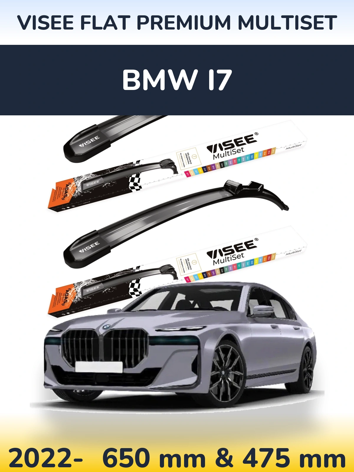 Sada předních stěračů VISEE FLAT PREMIUM MultiSet 650 a 475 mm pro BMW i7 2022-2026