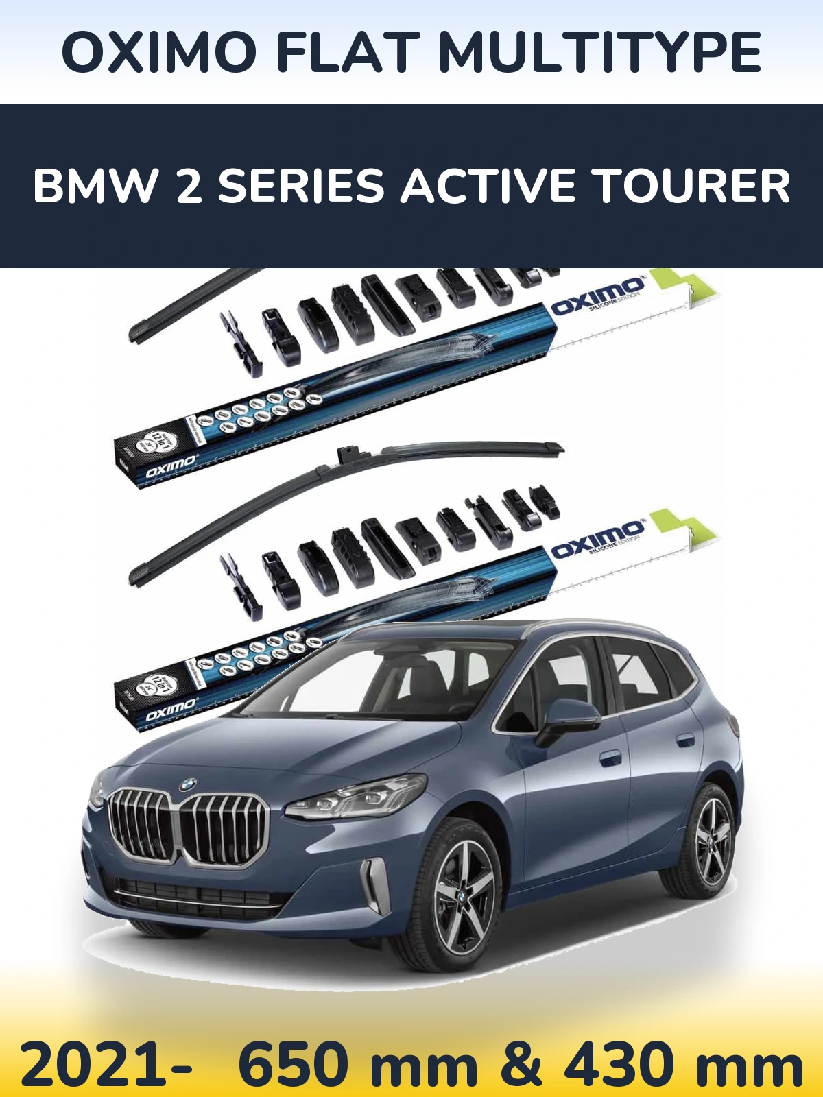 Sada předních stěračů Oximo Flat MultiType 650 a 430 mm pro BMW 2 Series Active Tourer 2021-2026