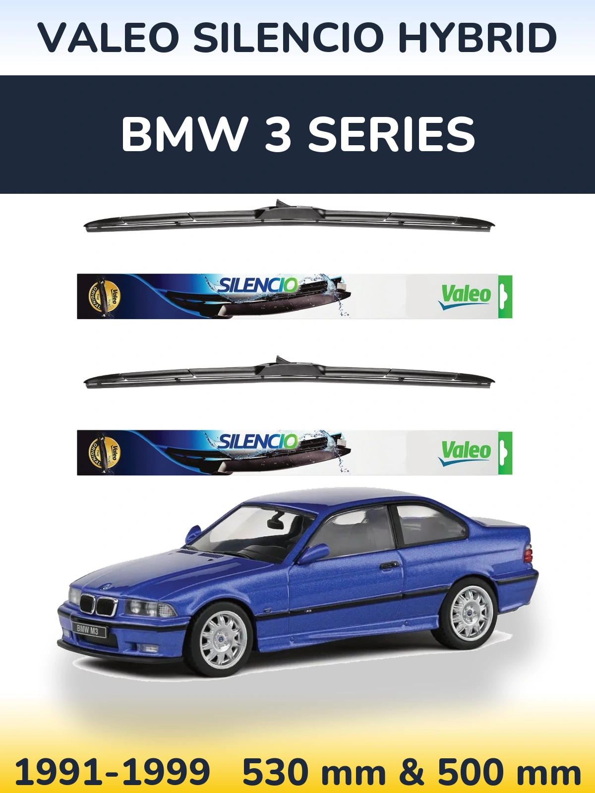 Sada předních stěračů Valeo Silencio Hybrid 530 a 500 mm pro BMW 3 Series 1991-1999