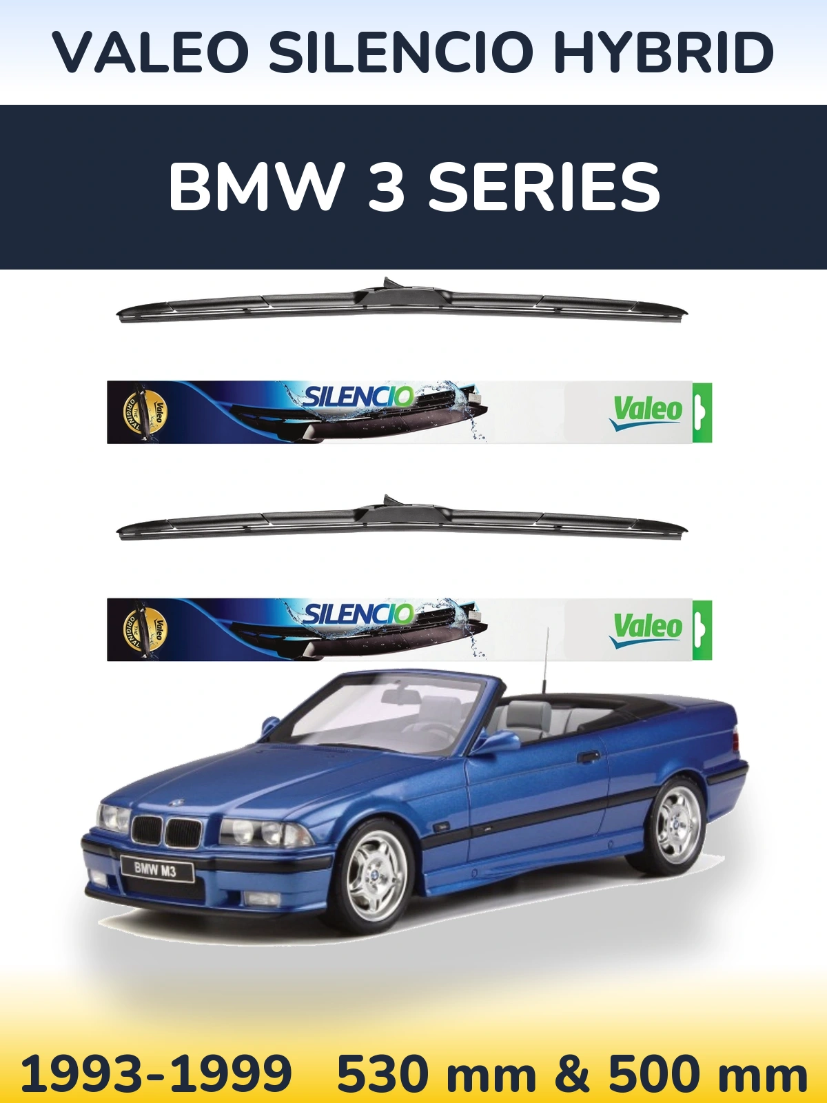 Sada předních stěračů Valeo Silencio Hybrid 530 a 500 mm pro BMW 3 Series 1993-1999