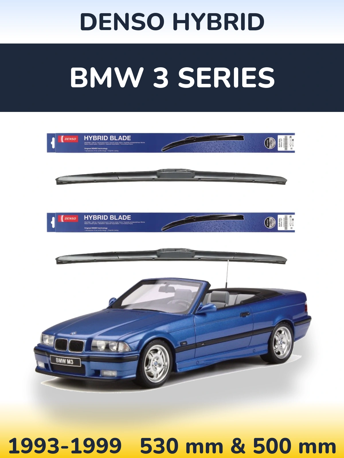 Sada předních stěračů Denso Hybrid 530 a 500 mm pro BMW 3 Series 1993-1999