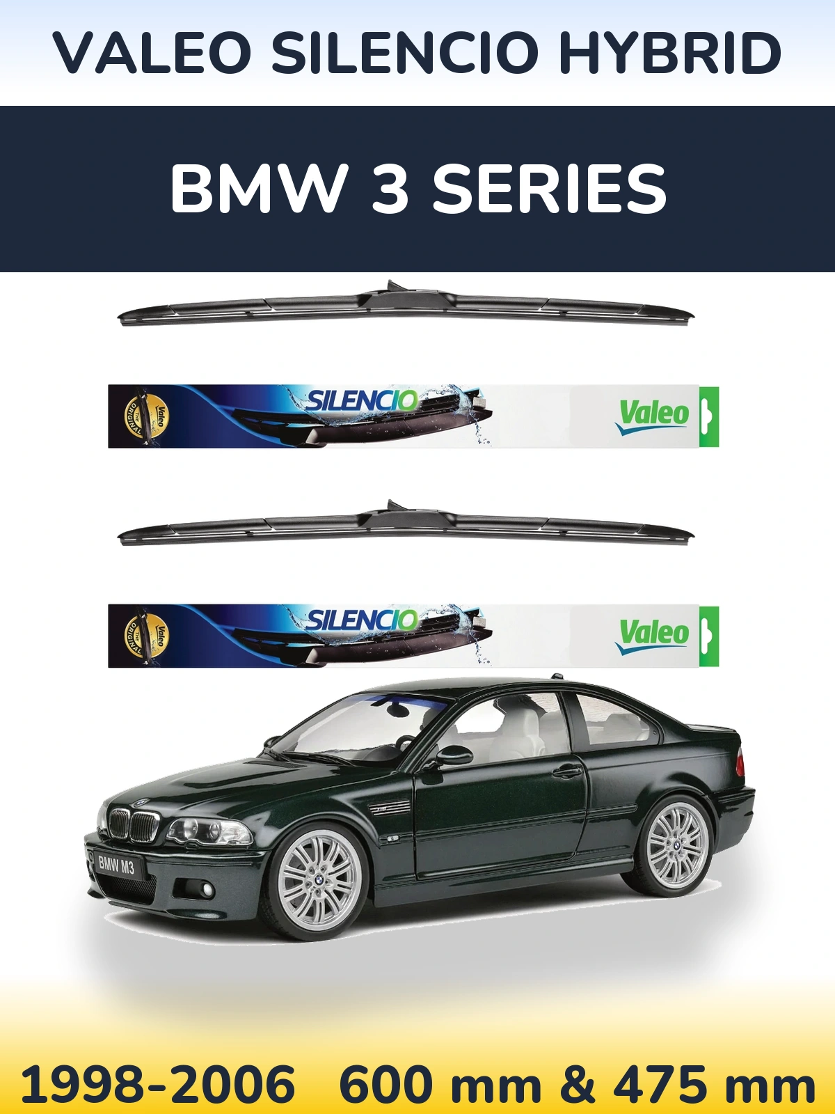 Sada předních stěračů Valeo Silencio Hybrid 600 a 475 mm pro BMW 3 Series 1998-2006
