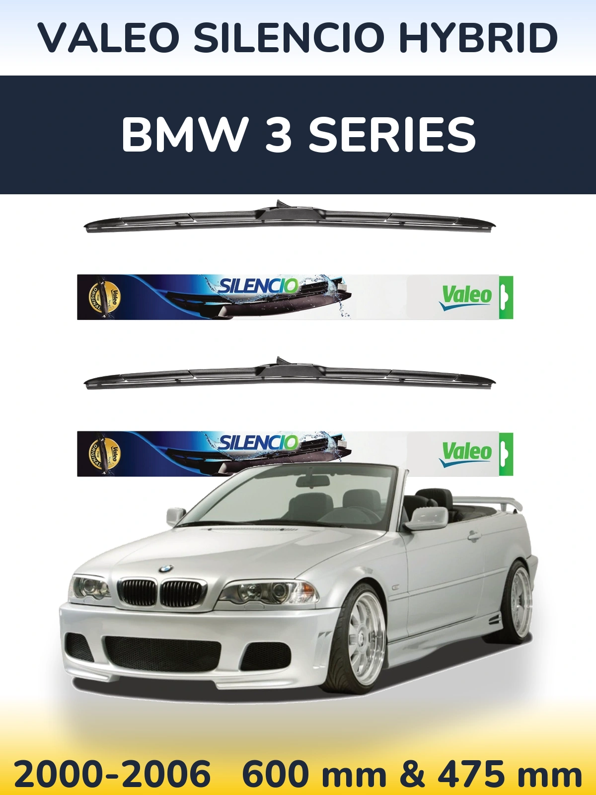 Sada předních stěračů Valeo Silencio Hybrid 600 a 475 mm pro BMW 3 Series 2000-2006