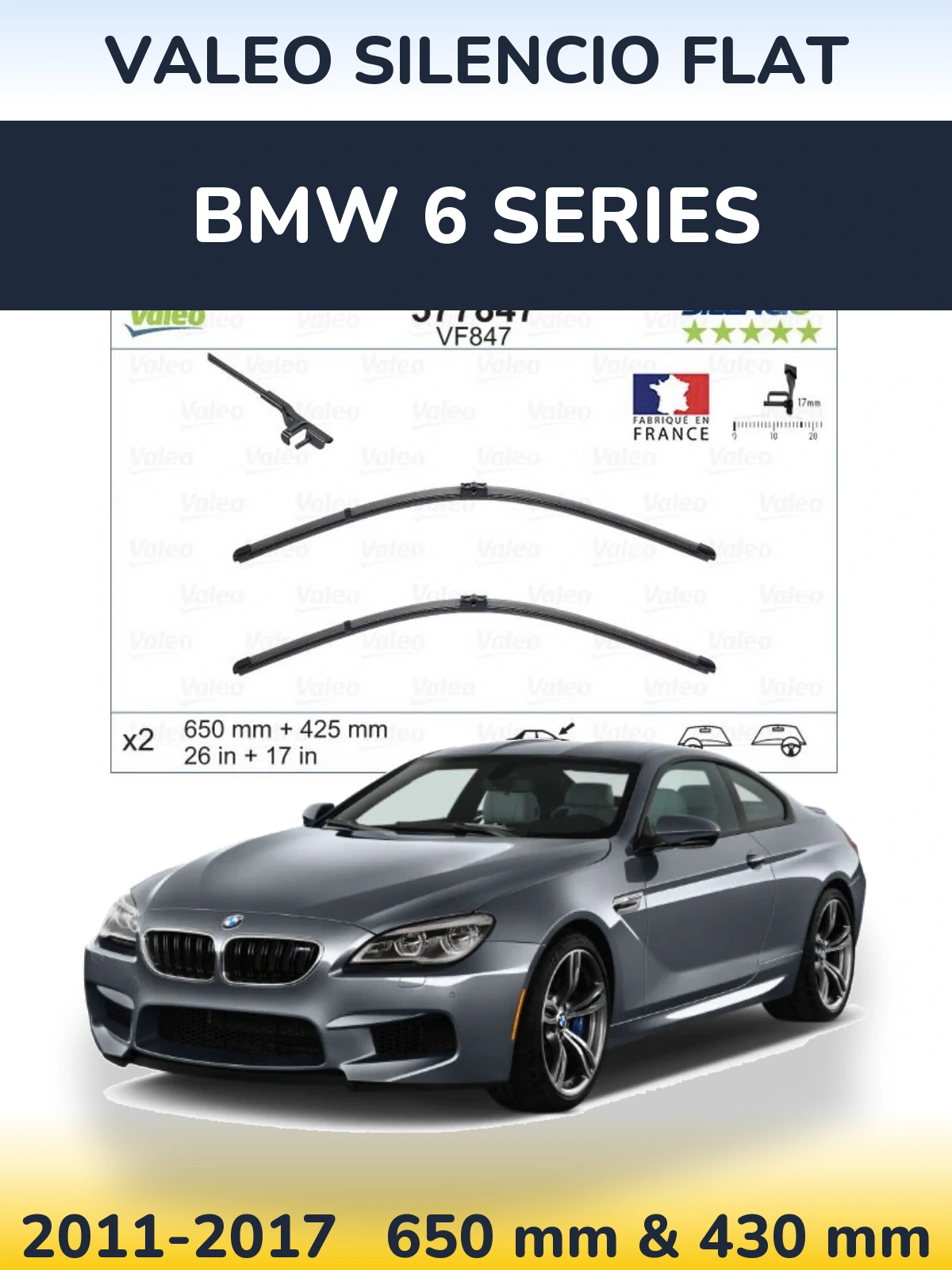 Sada předních stěračů Valeo Silencio Flat 650 a 430 mm pro BMW 6 Series 2011-2017