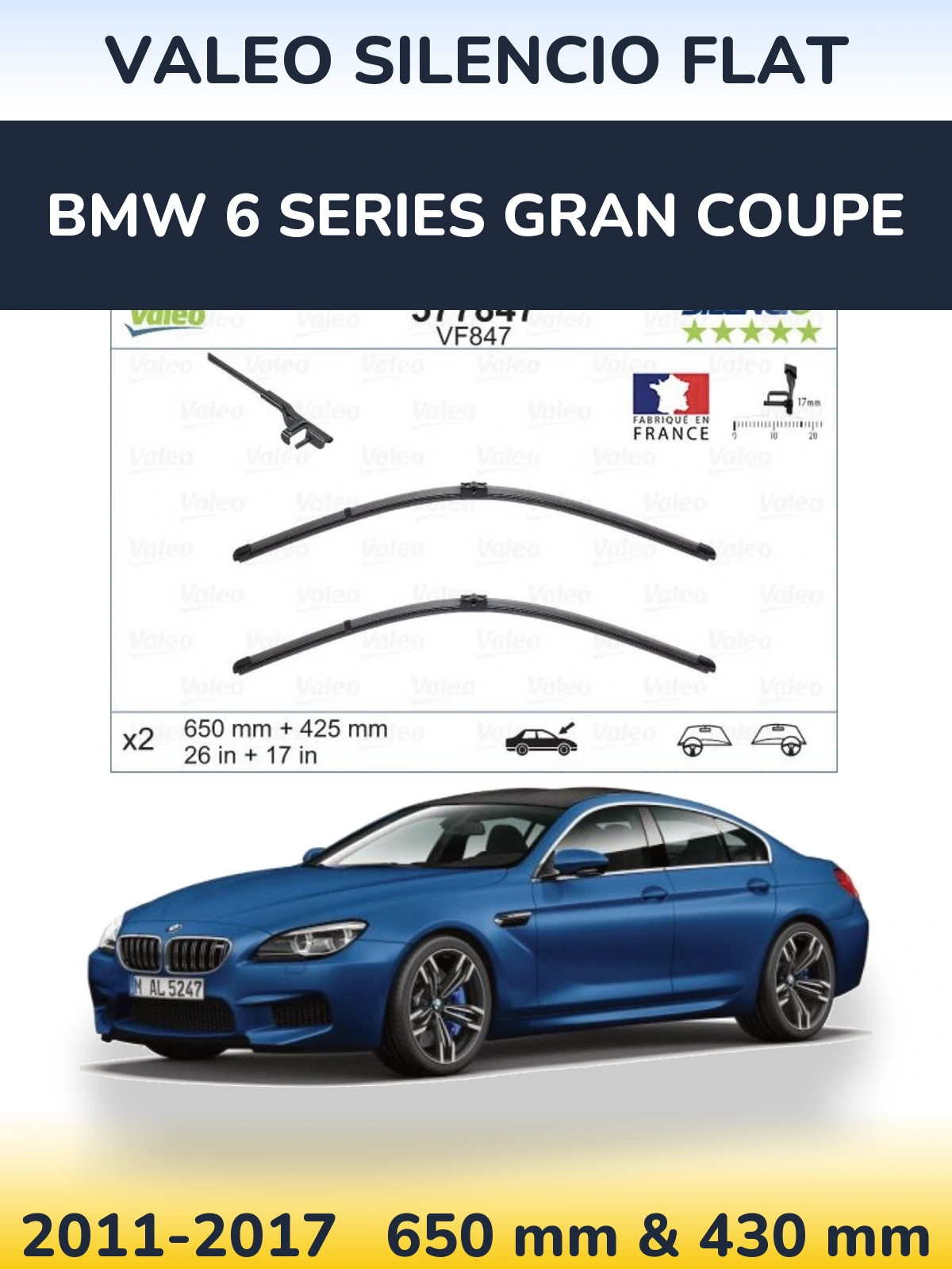 Sada předních stěračů Valeo Silencio Flat 650 a 430 mm pro BMW 6 Series Gran Coupe 2011-2017