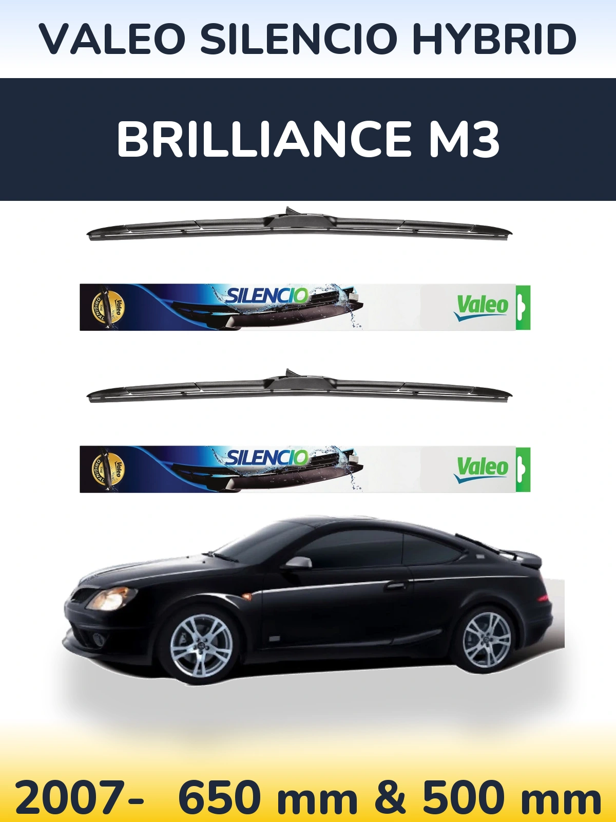 Sada předních stěračů Valeo Silencio Hybrid 650 a 500 mm pro Brilliance M3 2007-2026