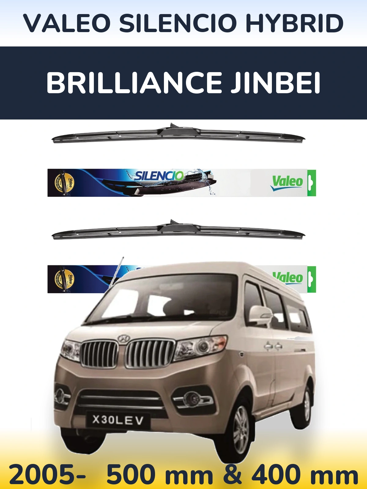 Sada předních stěračů Valeo Silencio Hybrid 500 a 400 mm pro Brilliance Jinbei 2005-2026