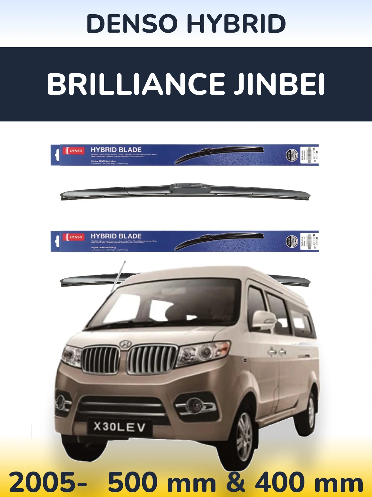 Sada předních stěračů Denso Hybrid 500 a 400 mm pro Brilliance Jinbei 2005-2026