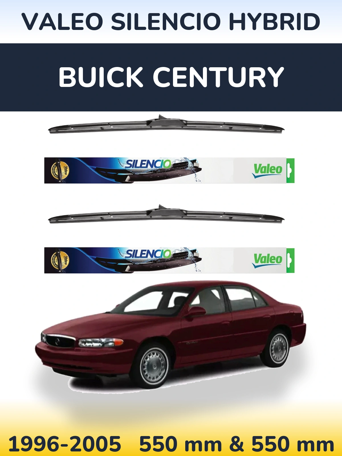 Sada předních stěračů Valeo Silencio Hybrid 550 a 550 mm pro Buick Century 1996-2005