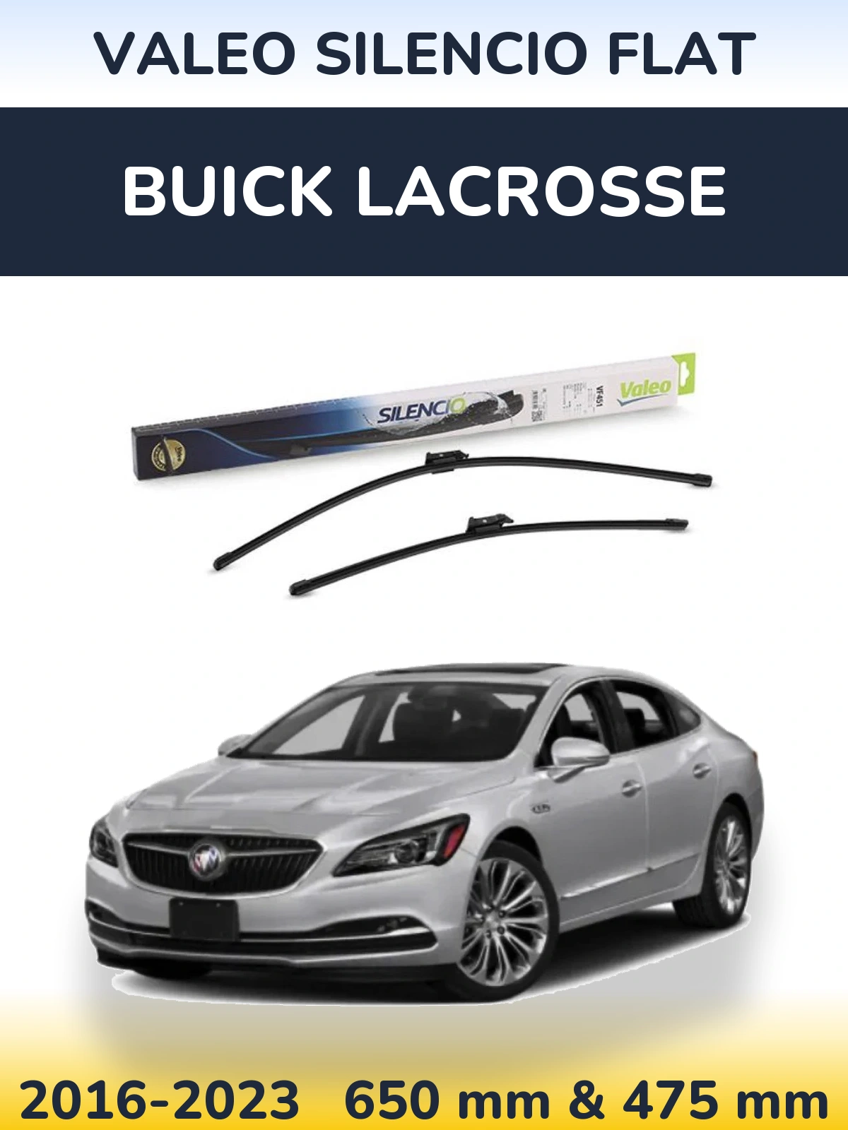 Sada předních stěračů Valeo Silencio Flat 650 a 475 mm pro Buick LaCrosse 2016-2023