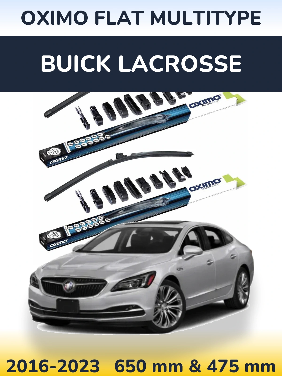 Sada předních stěračů Oximo Flat MultiType 650 a 475 mm pro Buick LaCrosse 2016-2023