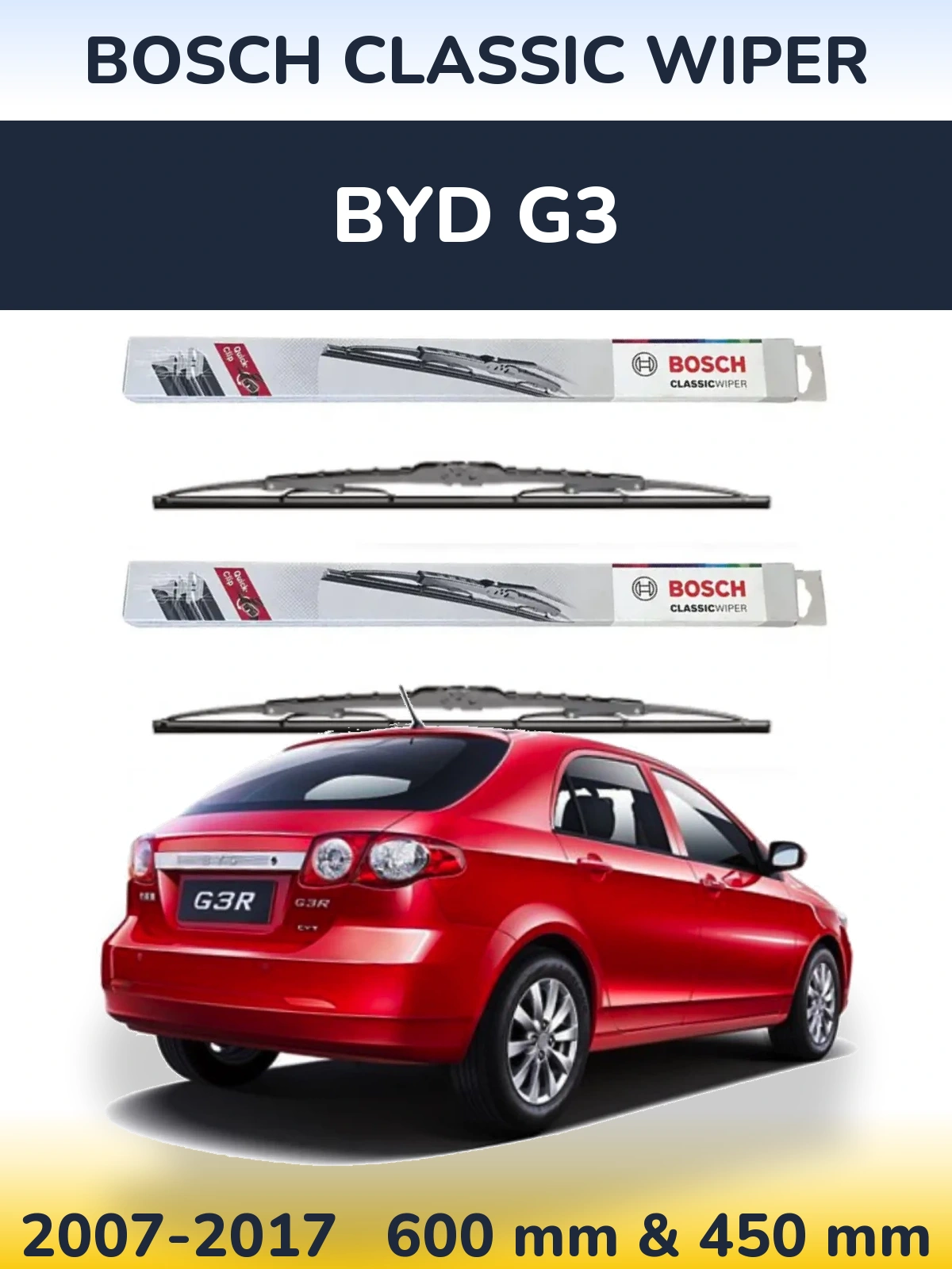Sada předních stěračů BOSCH Classic Wiper 600 a 450 mm pro BYD G3 2007-2017