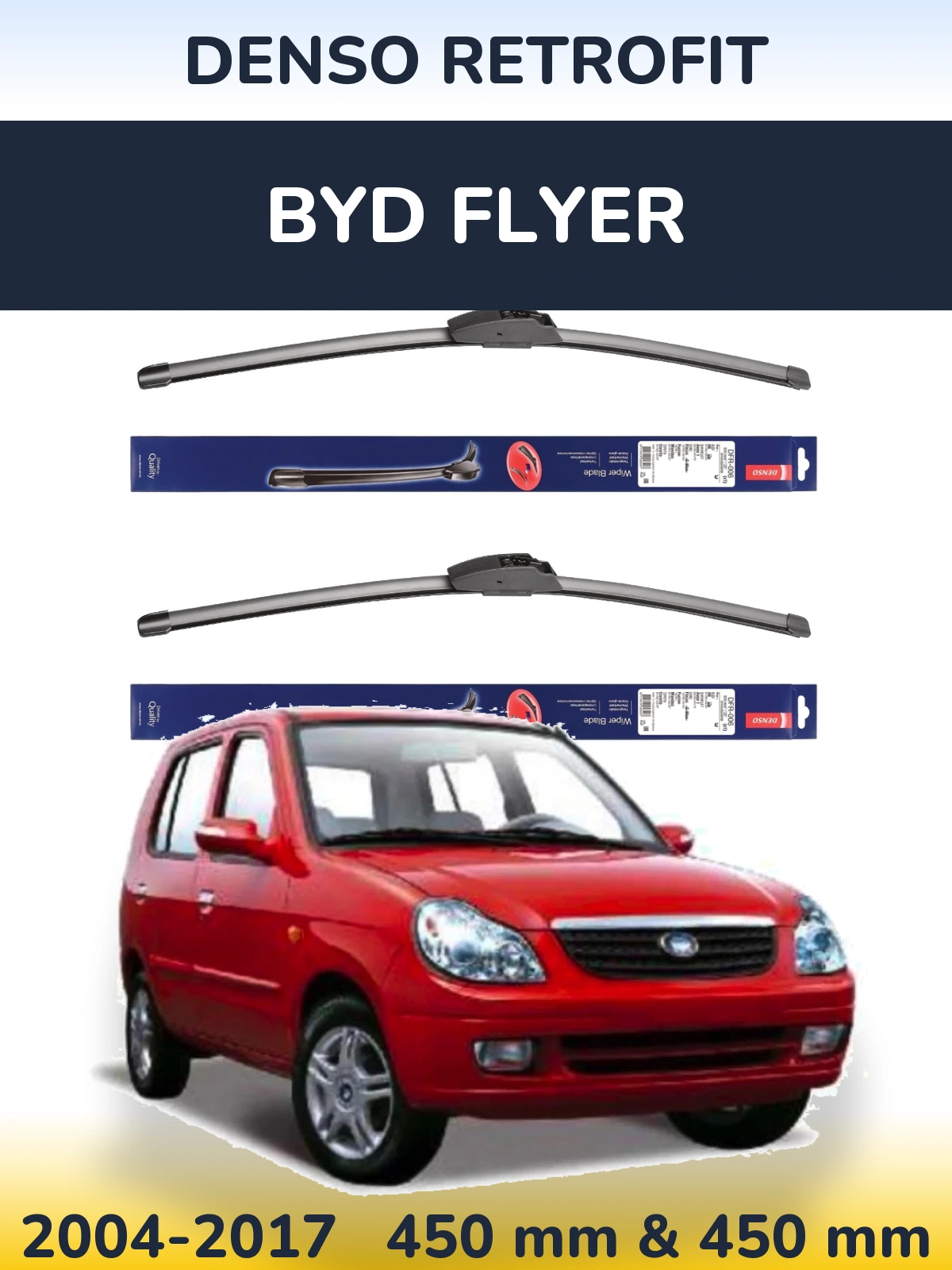 Sada předních stěračů Denso Retrofit 450 a 450 mm pro BYD Flyer 2004-2017
