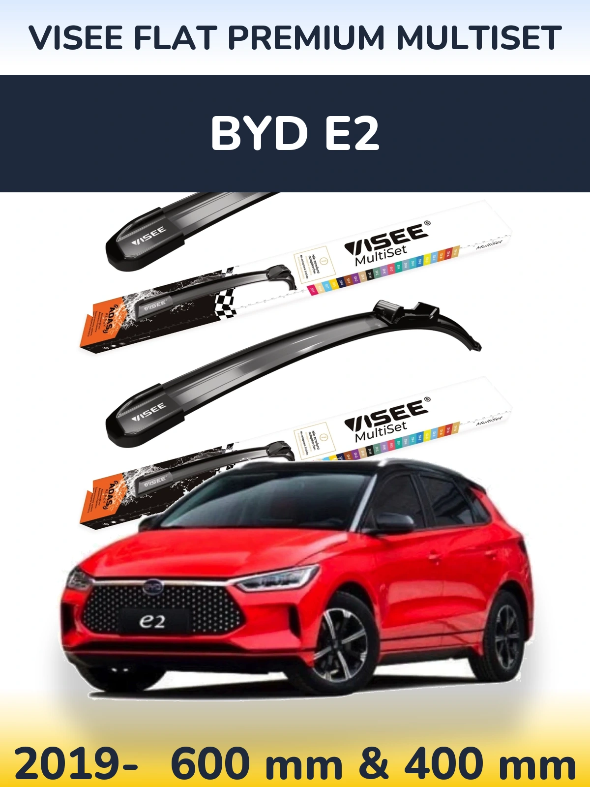 Sada předních stěračů VISEE FLAT PREMIUM MultiSet 600 a 400 mm pro BYD E2 2019-2026
