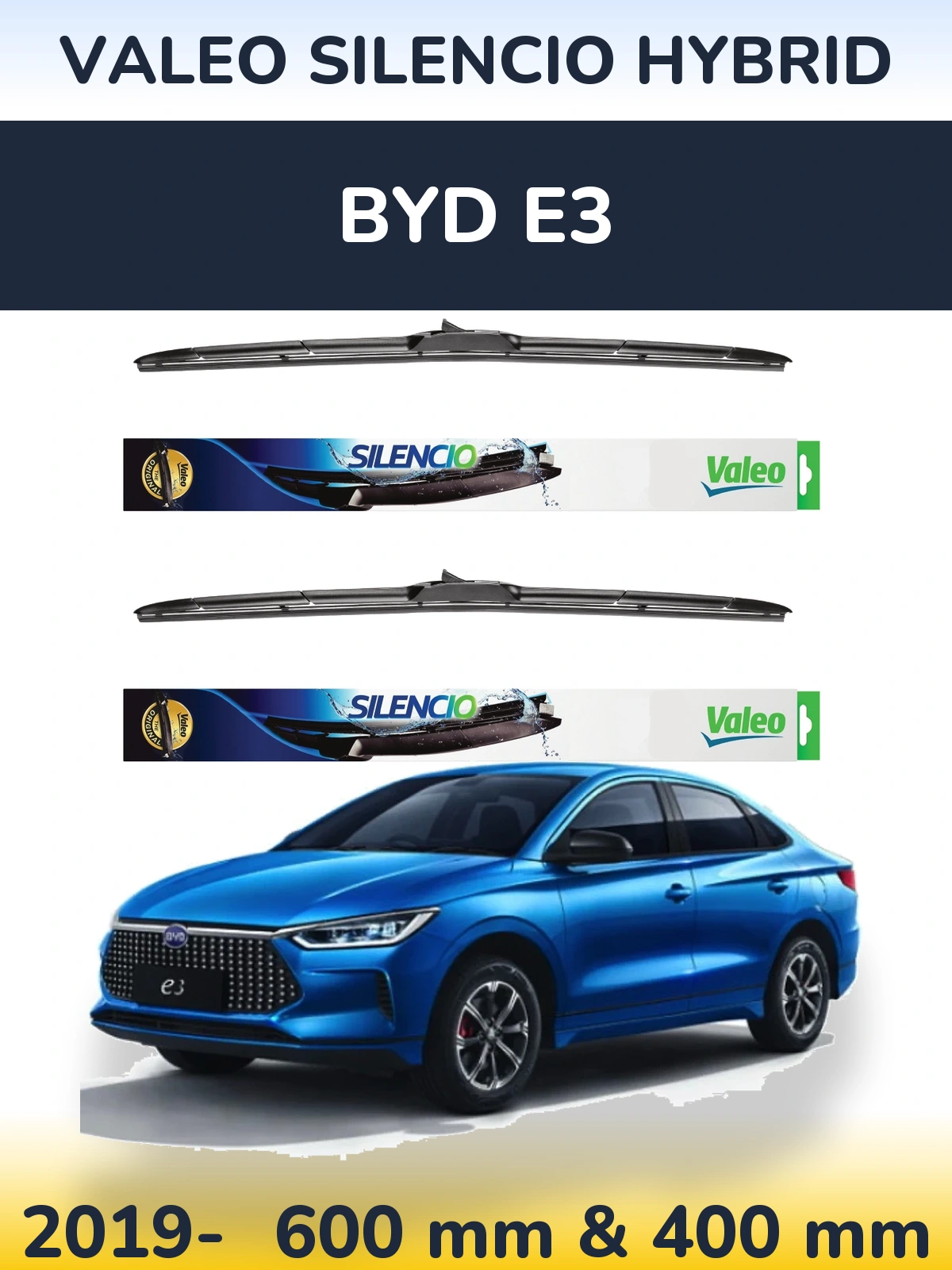 Sada předních stěračů Valeo Silencio Hybrid 600 a 400 mm pro BYD E3 2019-2026