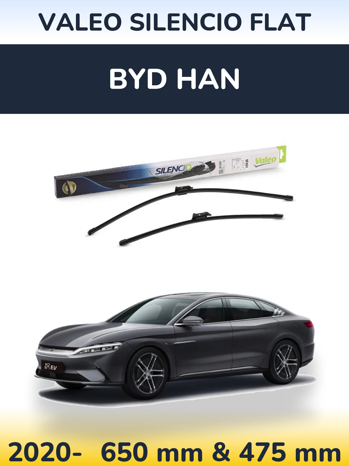 Sada předních stěračů Valeo Silencio Flat 650 a 475 mm pro BYD Han 2020-2026
