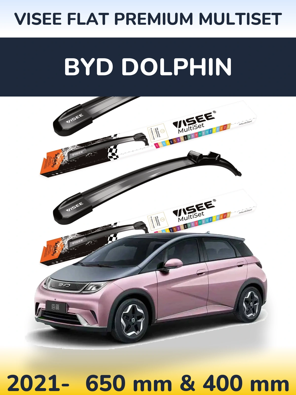 Sada předních stěračů VISEE FLAT PREMIUM MultiSet 650 a 400 mm pro BYD Dolphin 2021-2026