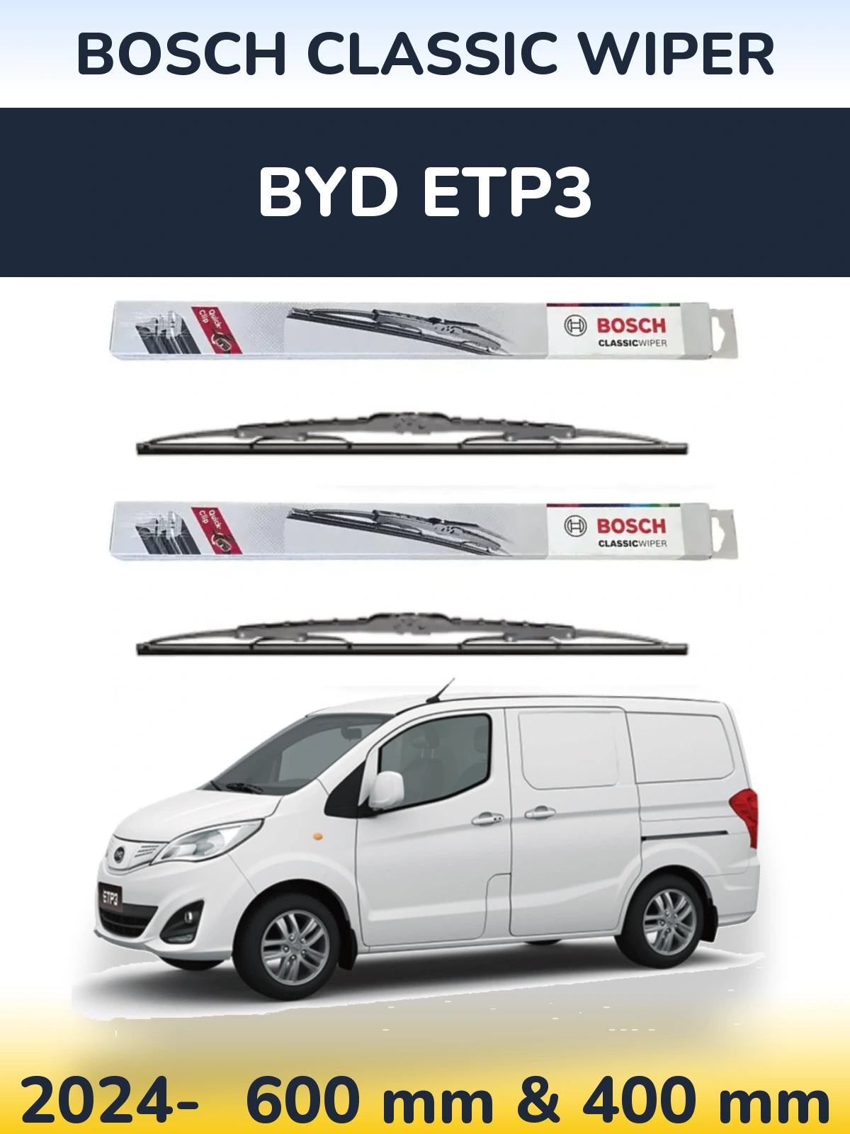 Sada předních stěračů BOSCH Classic Wiper 600 a 400 mm pro BYD ETP3 2024-2026