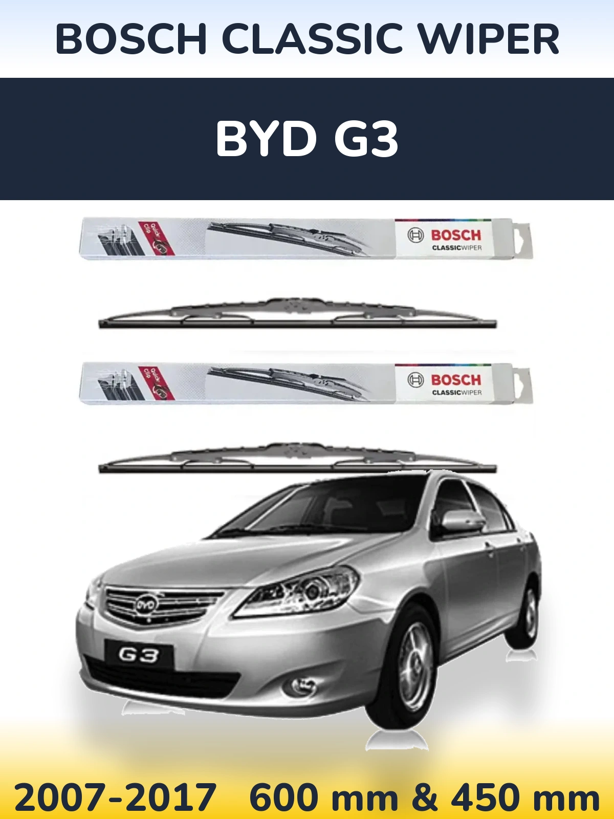 Sada předních stěračů BOSCH Classic Wiper 600 a 450 mm pro BYD G3 2007-2017
