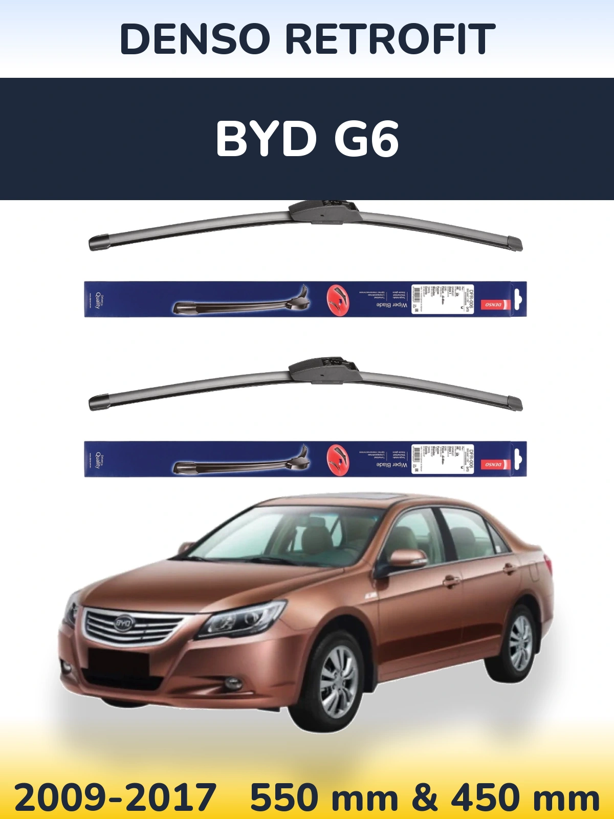 Sada předních stěračů Denso Retrofit 550 a 450 mm pro BYD G6 2009-2017