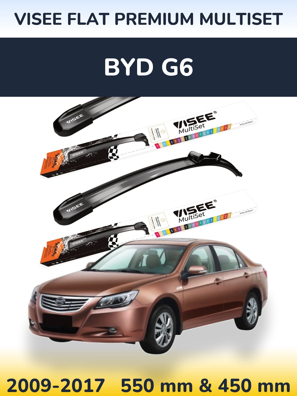Sada předních stěračů VISEE FLAT PREMIUM MultiSet 550 a 450 mm pro BYD G6 2009-2017