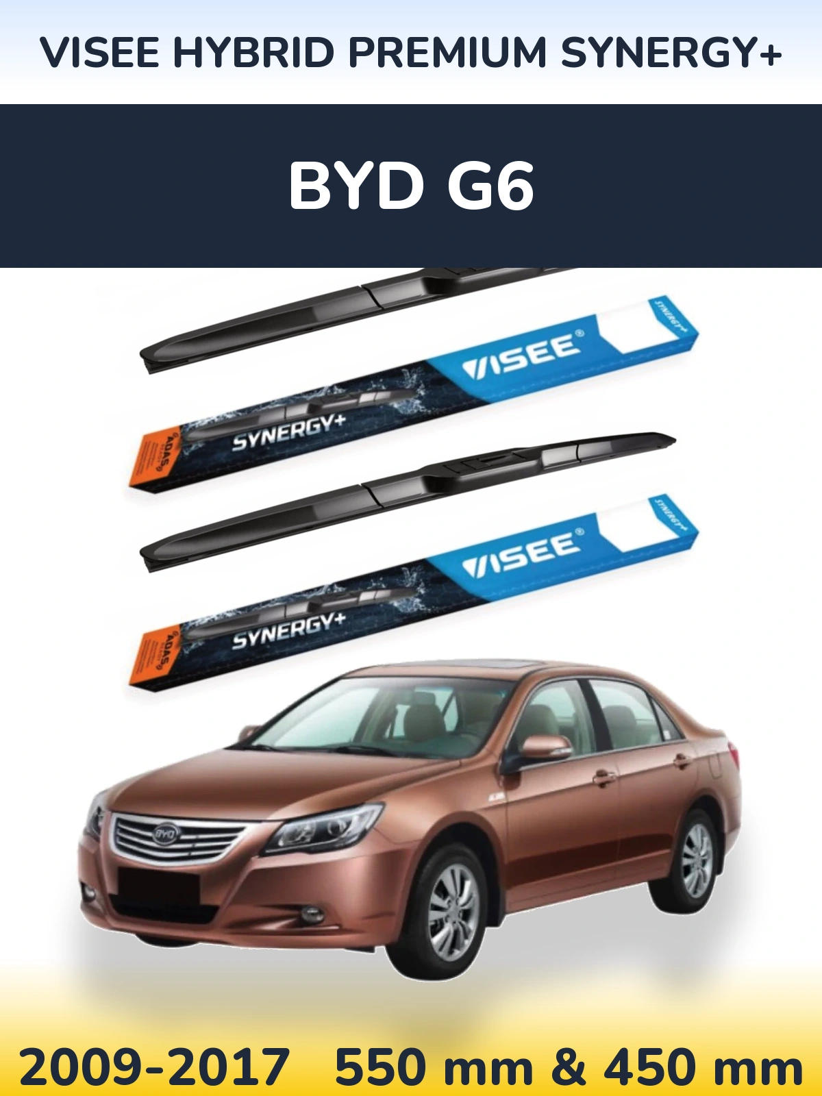 Sada předních stěračů VISEE HYBRID PREMIUM SYNERGY+ 550 a 450 mm pro BYD G6 2009-2017