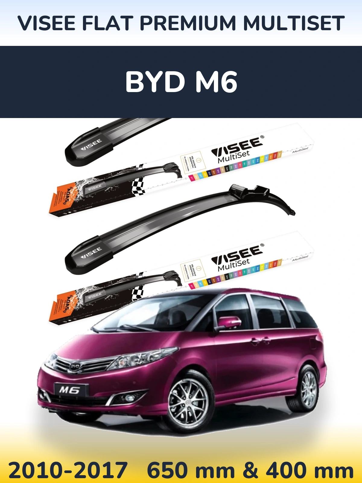 Sada předních stěračů VISEE FLAT PREMIUM MultiSet 650 a 400 mm pro BYD M6 2010-2017