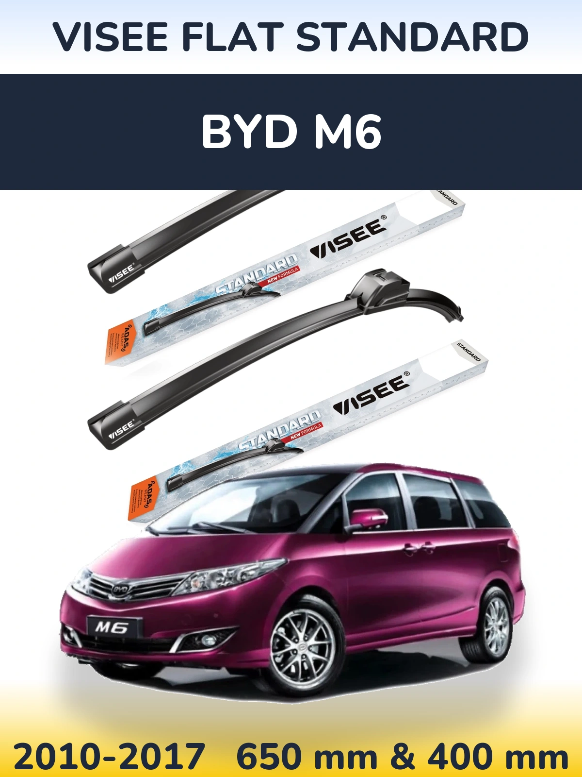 Sada předních stěračů VISEE FLAT STANDARD 650 a 400 mm pro BYD M6 2010-2017