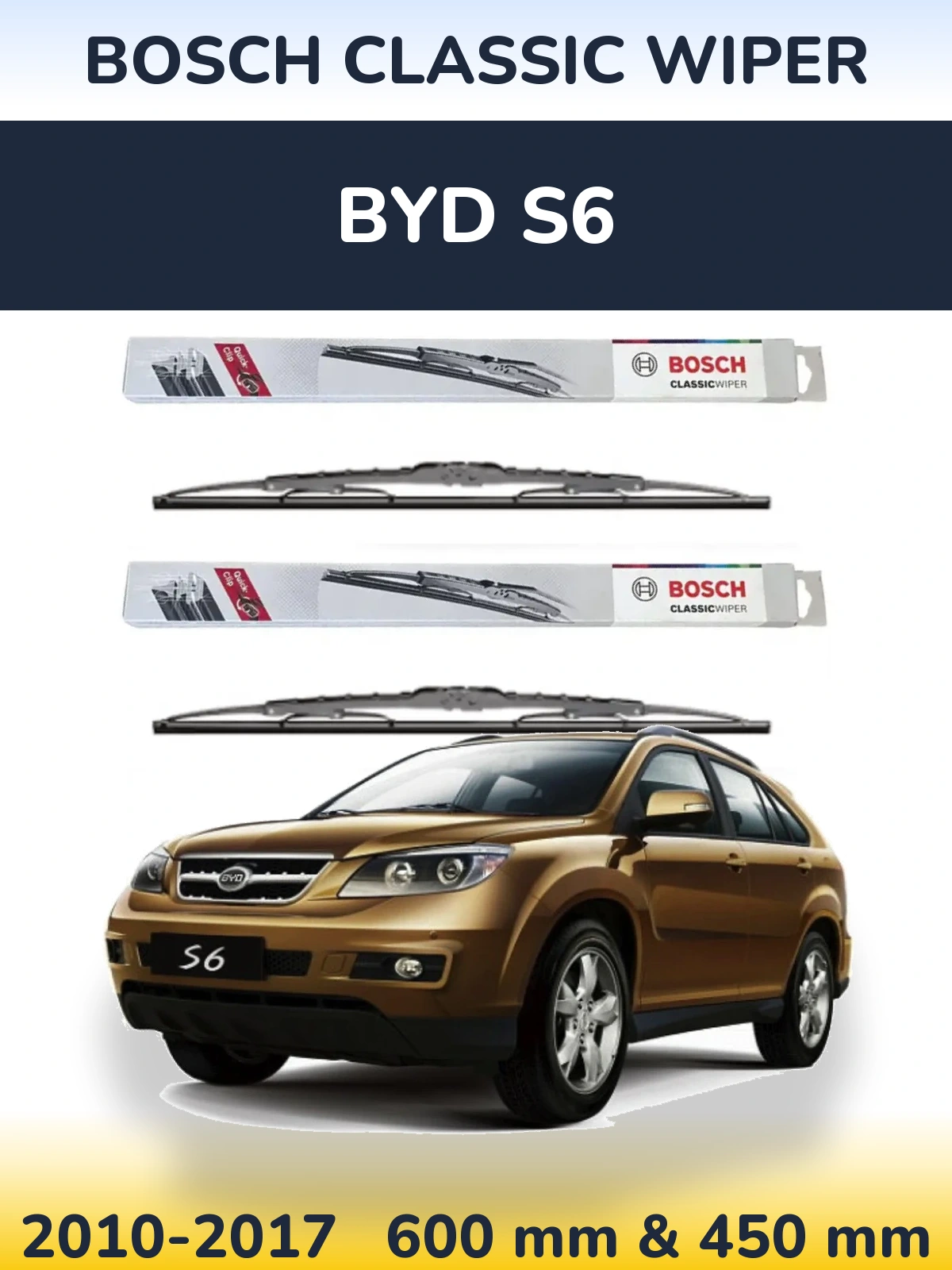 Sada předních stěračů BOSCH Classic Wiper 600 a 450 mm pro BYD S6 2010-2017