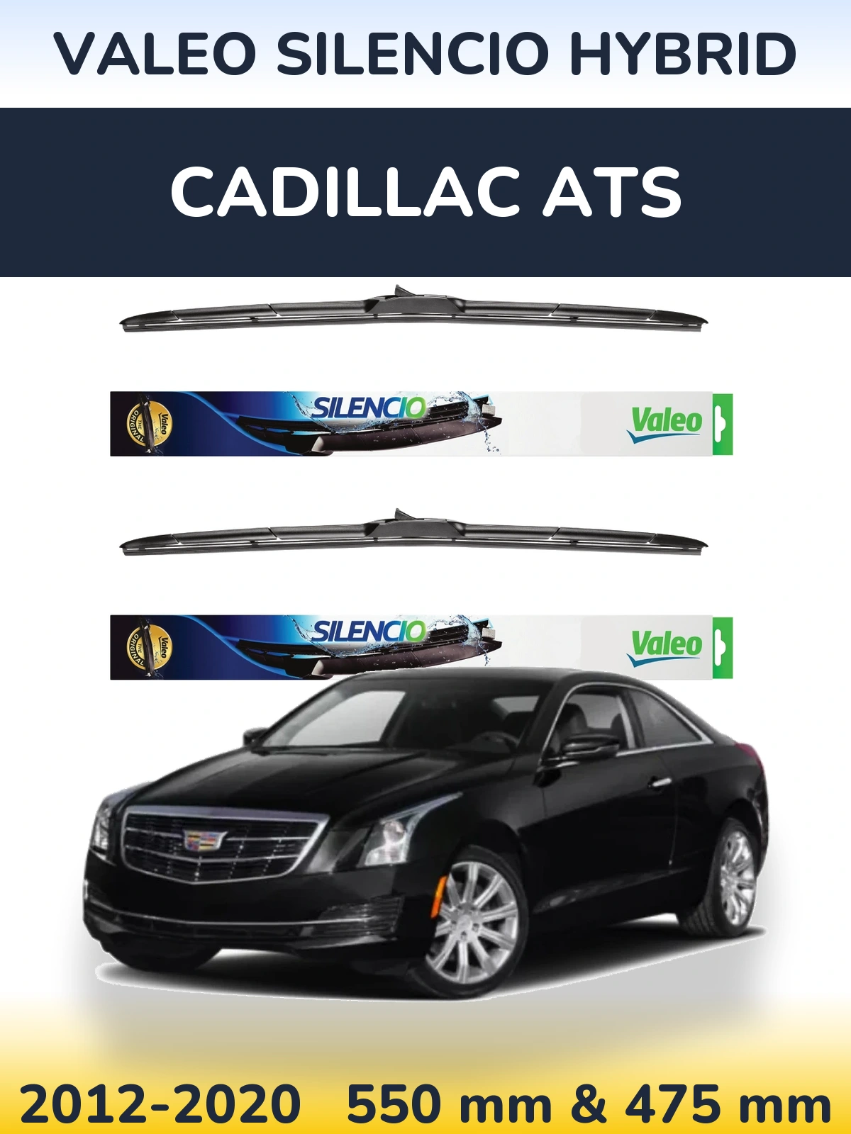 Sada předních stěračů Valeo Silencio Hybrid 550 a 475 mm pro Cadillac ATS 2012-2020